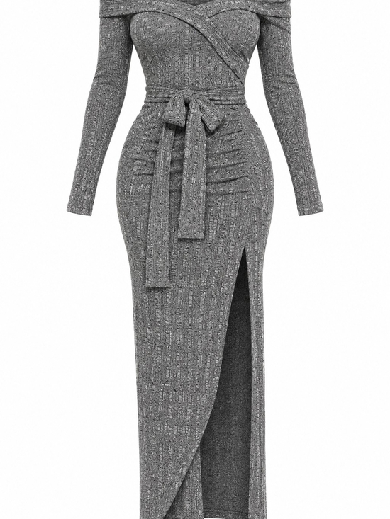Dresses & Skirts - Off-Shoulder Long Sleeve Gray Ribbed Knit Dress with Side Slit | XL